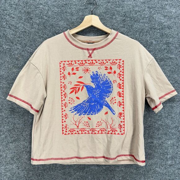 New SheIn T-Shirt Women M Medium Beige Bird Print Short Sleeve Crew Neck Cotton - Picture 1 of 8